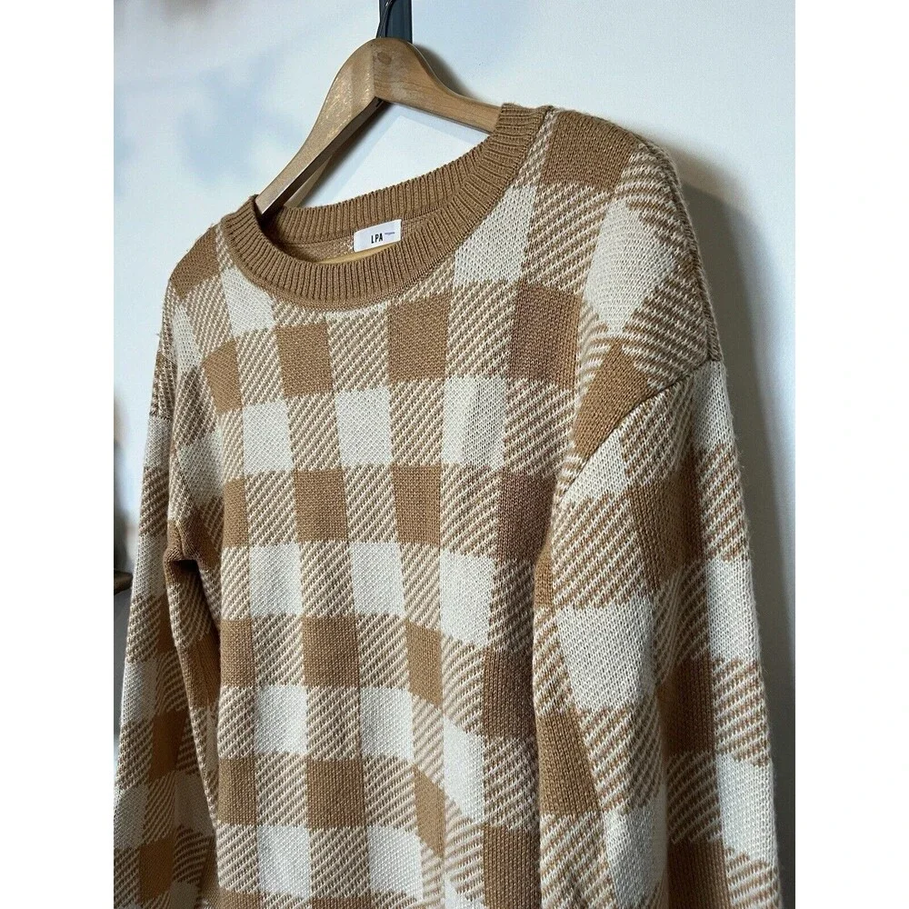 LPA Tan Floyd Checkered Sweater Mini Dress Size XS - Picture 5 of 11